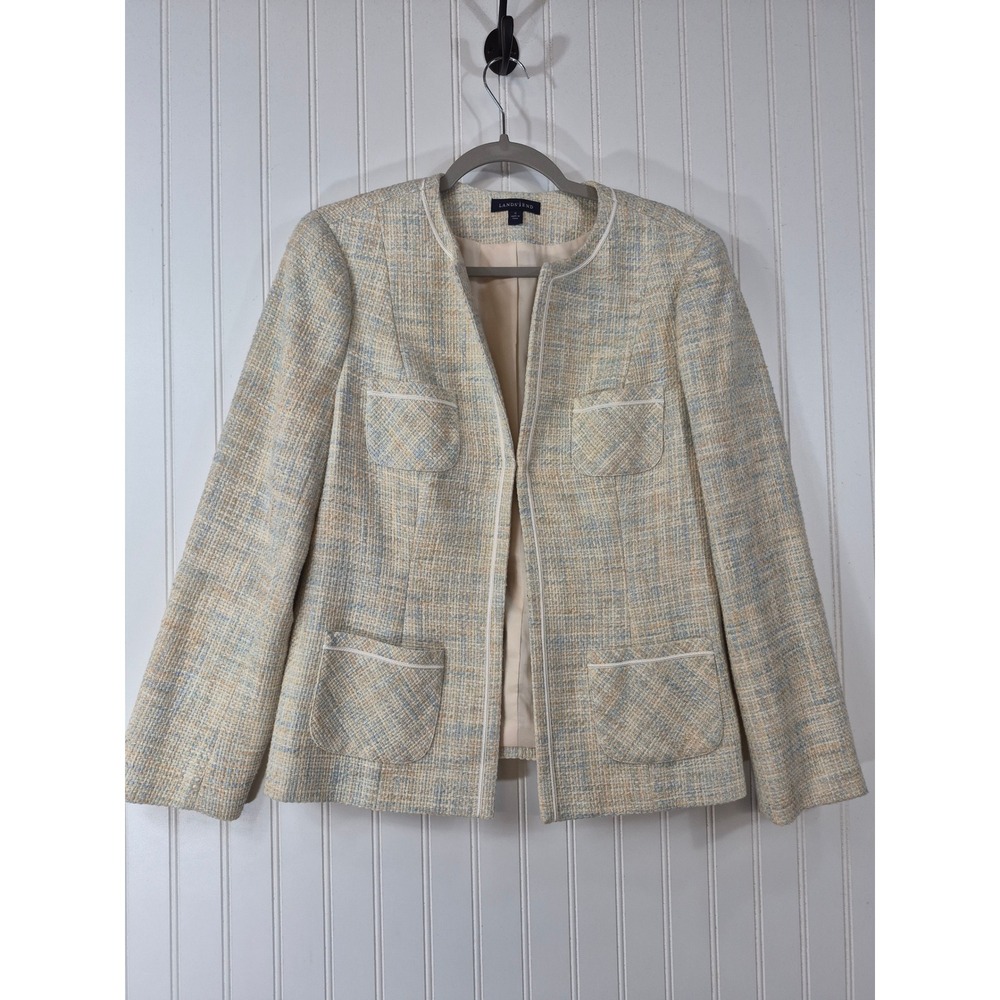 Lands End Womens 12 Blue Cream Cotton Tweed Blazer Open Front Piping Jacket